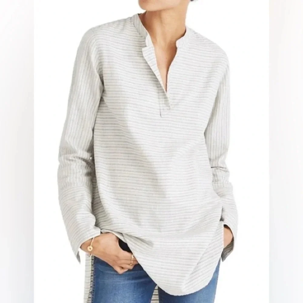 Madewell Split Cuff Cotton Striped Tunic in Weathered Concrete - Size Small